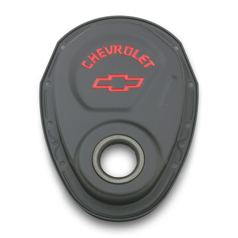 PROFORM #141-753 - "CHEVROLET" Timing Chain Cover for SBC - Black/Red